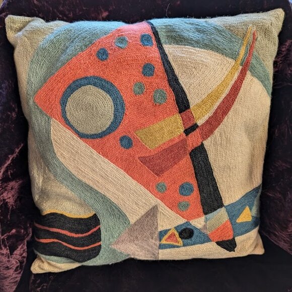 Kandinsky Style Wool Chainstitch Crewelwork Decorative Accent Pillow - Picture 4 of 15